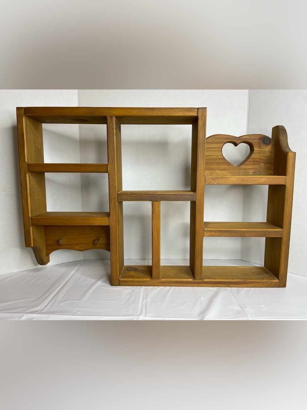 Vintage Brown Wooden Wall Shelf with Heart Cutout